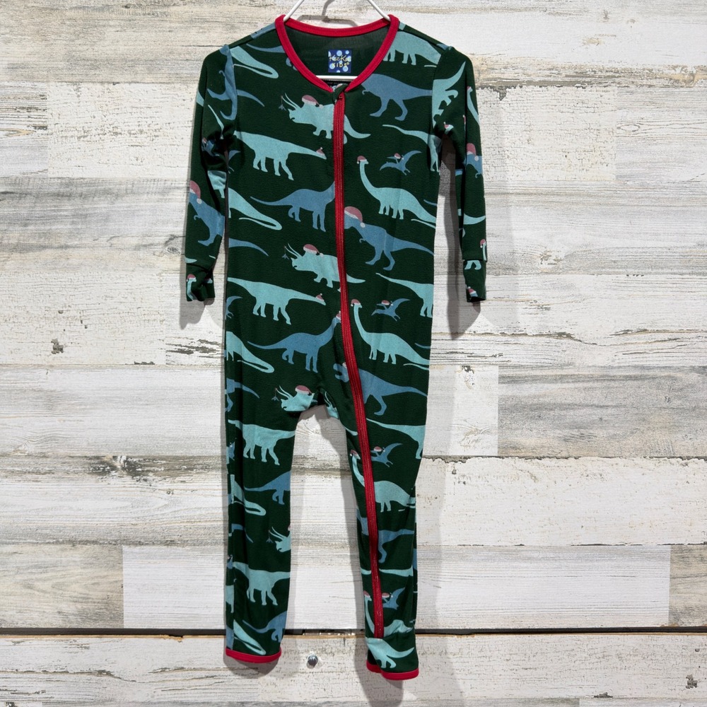 KicKee Kids Footless Romper Boys 2T Green Christmas Dinosaur Bamboo GUC